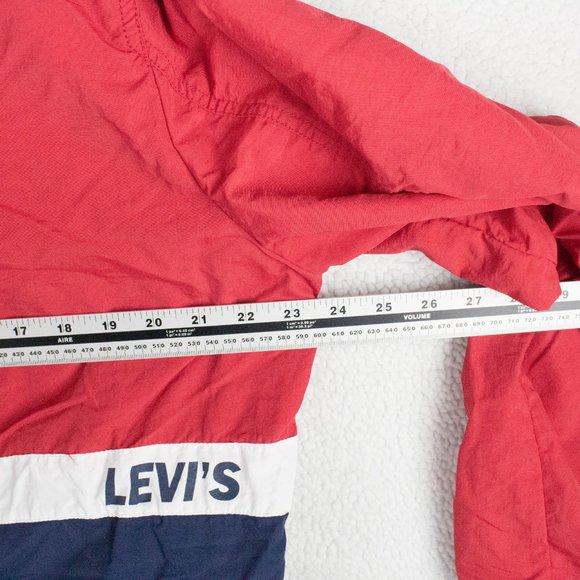 Levis Jacket Mens Medium Red Blue Oversized Half Zip Hooded Nylon Retro Striped - Picture 9 of 12